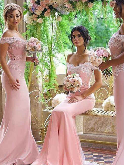 Mermaid Off Shoulder Lace Satin Bridesmaid Gowns