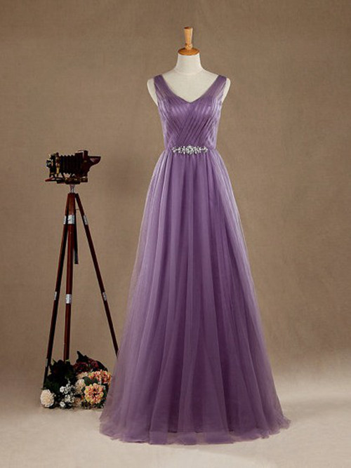A-line V Neck Purple Tulle Bridesmaid Dress Beads