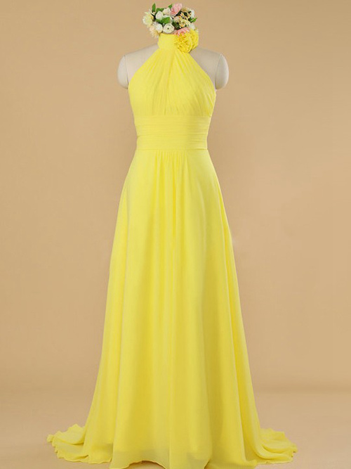 A-line High Neck Chiffon Yellow Bridesmaid Gown