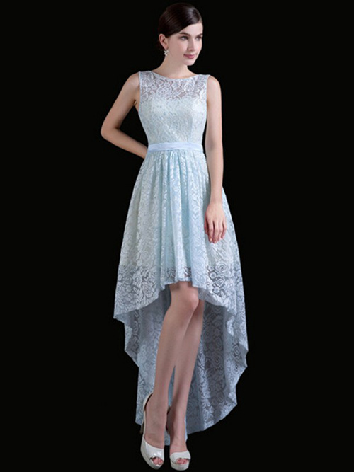 A-line Scoop Lace Hi Lo Bridesmaid Dress