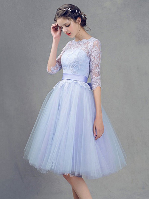 A-line Sheer Knee Length Tulle Lace Sleeves Bridesmaid Dress