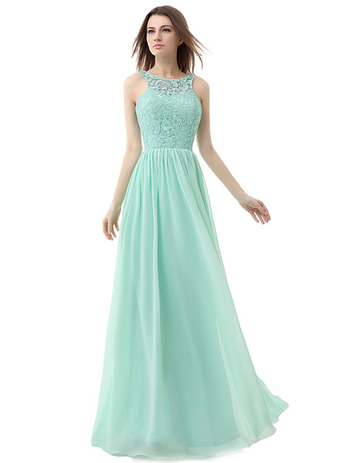 A-line Scoop Chiffon Lace Mint Bridesmaid Dress