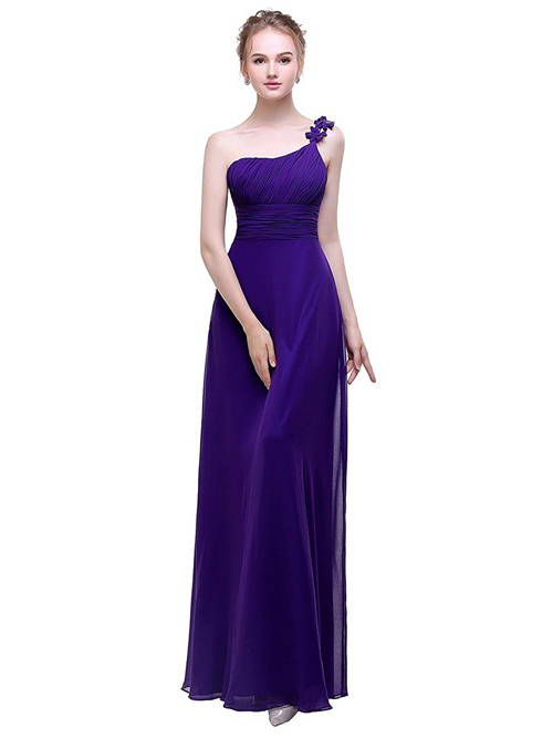 A-line One Shoudler Chiffon Purple Bridesmaid Dress Frills