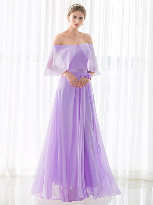 A-line Off Shoudler Chiffon Purple Bridesmaid Dress