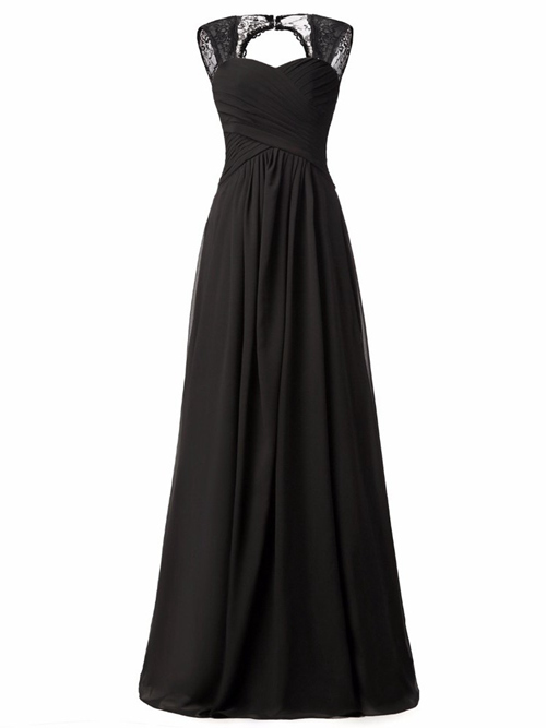 A-line Straps Satin Lace Black Bridesmaid Dress