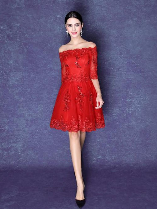 A-line Off Shoulder Short Lace Red Bridesmaid Dress