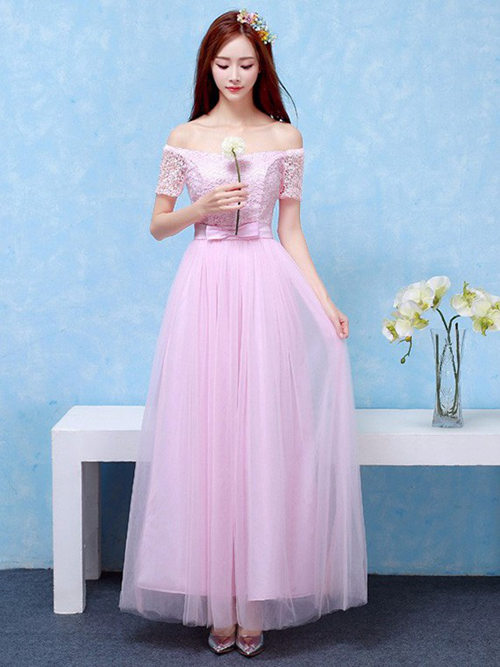 A-line Off Shoudler Tulle Lace Bridesmaid Dress Bowknot