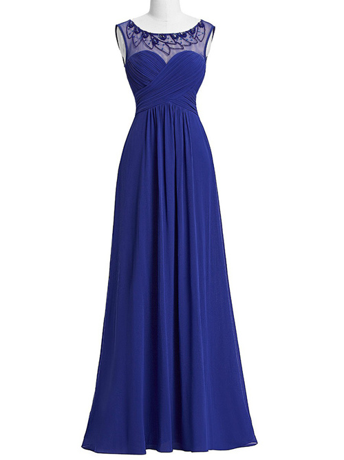 A-line Scoop Chiffon Blue Bridesmaid Dress Beads