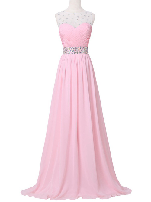 A-line Sheer Chiffon Pink Bridesmaid Gown Beads