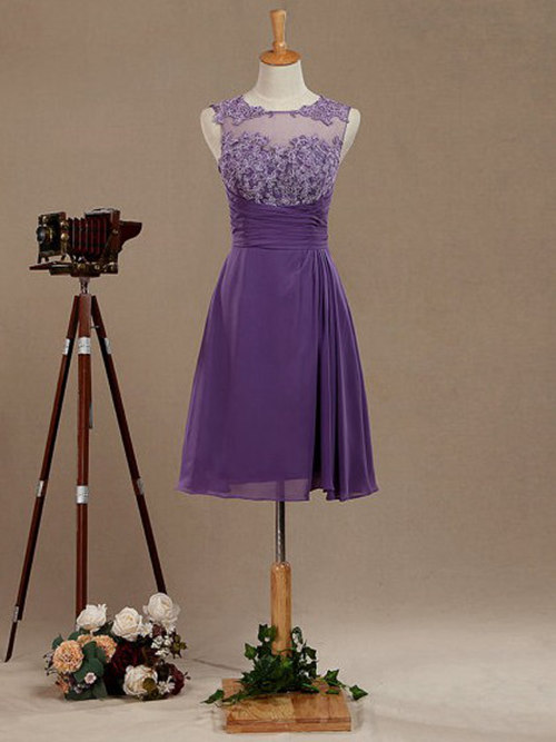 A-line Sheer Short Purple Chiffon Bridesmaid Dress Applique