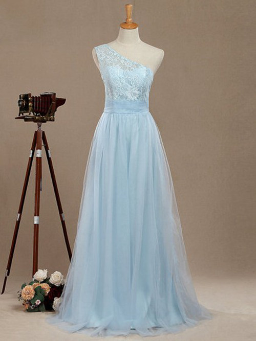 A-line One Shoulder Tulle Lace Bridesmaid Gown