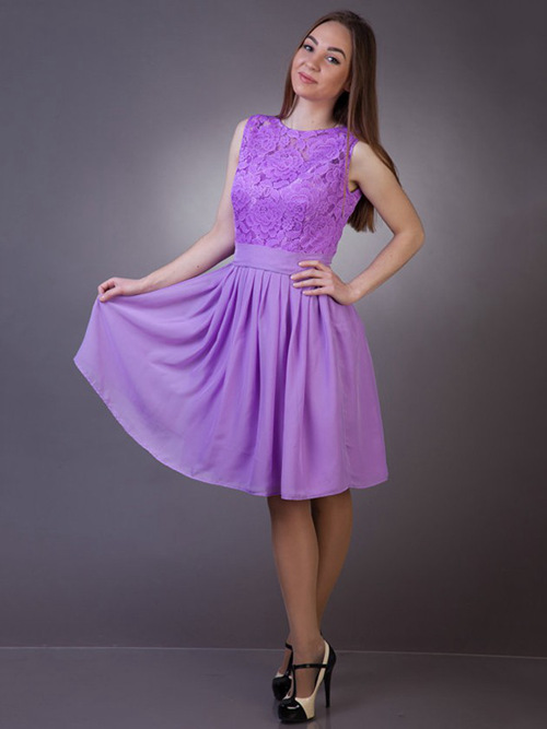 A-line Short Lace Satin Purple Bridesmaid Dress