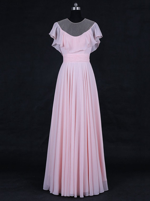 A-line Sheer Chiffon Pink Bridesmaid Dress