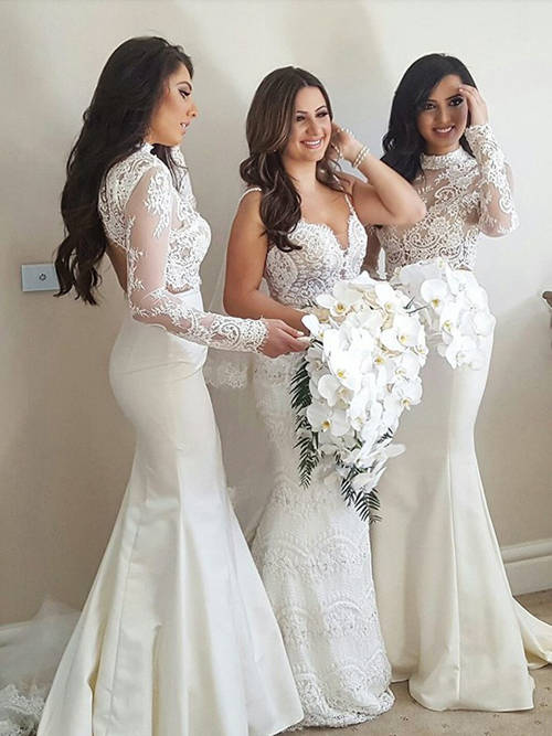 Mermaid High Neck Satin Lace Sleeves Bridesmaid Gowns