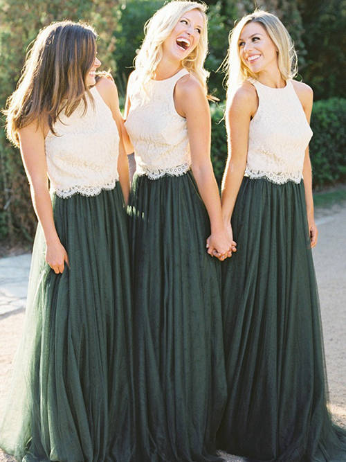 A-line Jewel Tulle Lace Bridesmaid Gowns