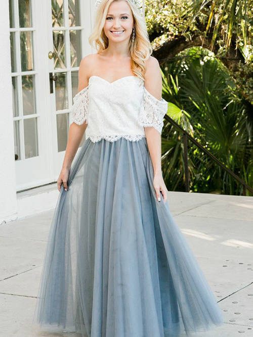 A-line Off Shoulder Lace Tulle Bridesmaid Dress