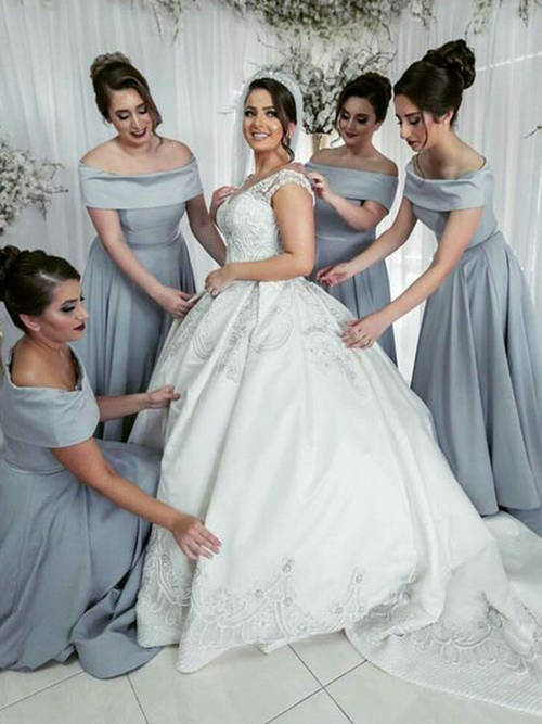 A-line Off Shoulder Satin Bridesmaid Dresses