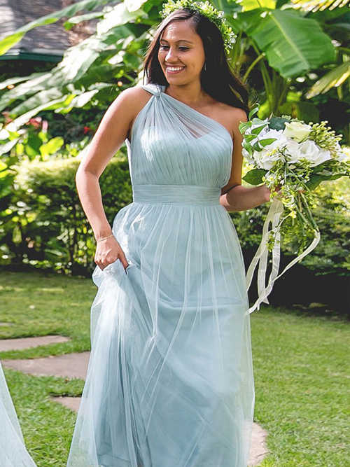 A-line One Shoulder Tulle Bridesmaid Dress Ruched