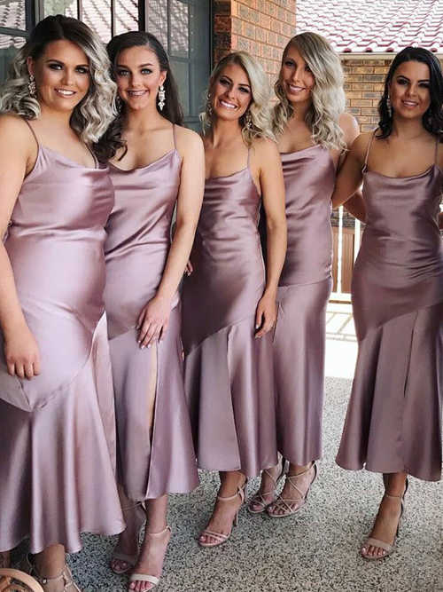 Mermaid Spaghetti Straps Satin Tea Length Bridesmaid Dresses