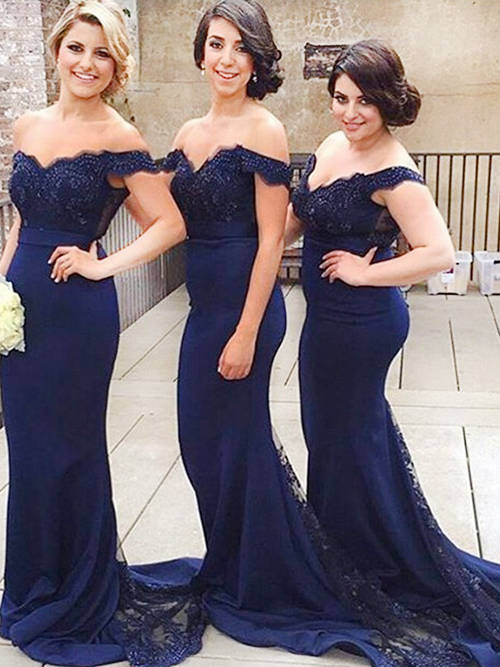 Mermaid Off Shoulder Satin Lace Bridesmaid Gowns