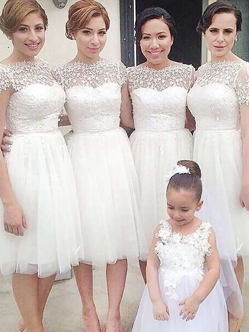 A-line Sheer Short Tulle Bridesmaid Dresses Applique