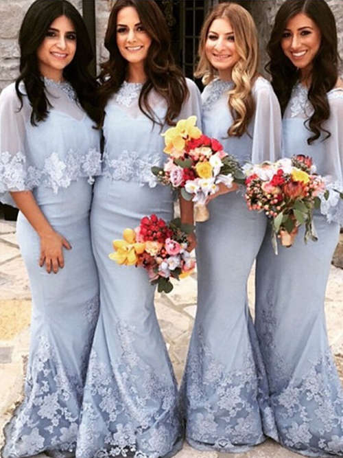 Mermaid Jewel Satin Tulle Sleeves Bridesmaid Dresses Applique
