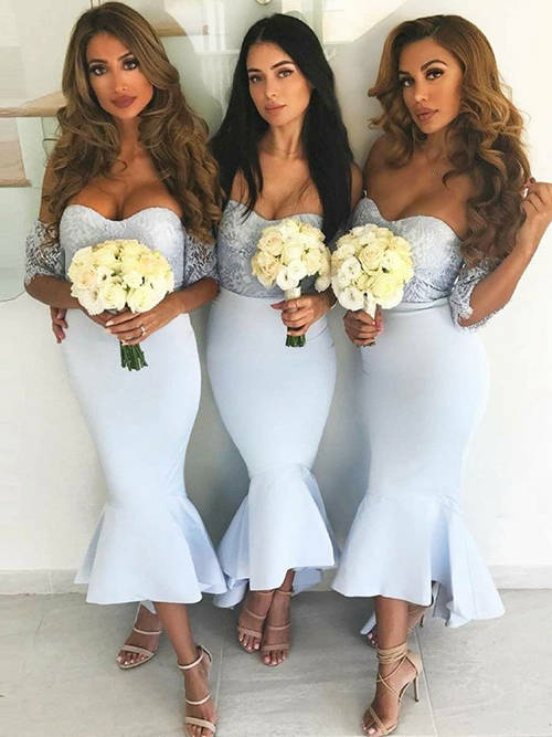 Mermaid Sweetheart Lace Sleeves Satin Bridesmaid Dresses