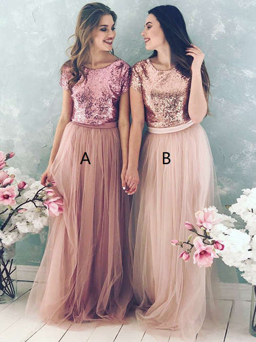 A-line Scoop Sequins Tulle Bridesmaid Dresses