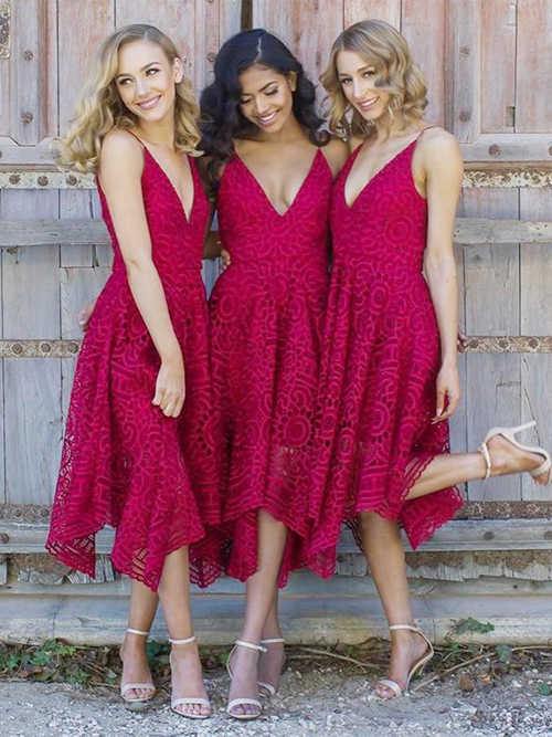A-line V Neck Lace Ruby Bridesmaid Dresses