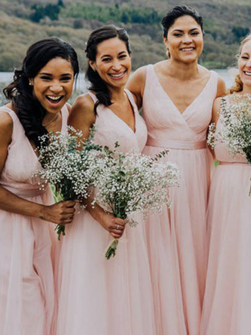 A-line V Neck Tulle Pink Bridesmaid Dresses