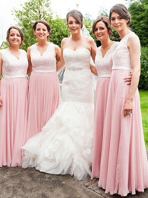 A-line V Neck Chiffon Lace Bridesmaid Dresses