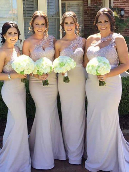 Mermaid One Shoulder Satin Lace Bridesmaid Gowns