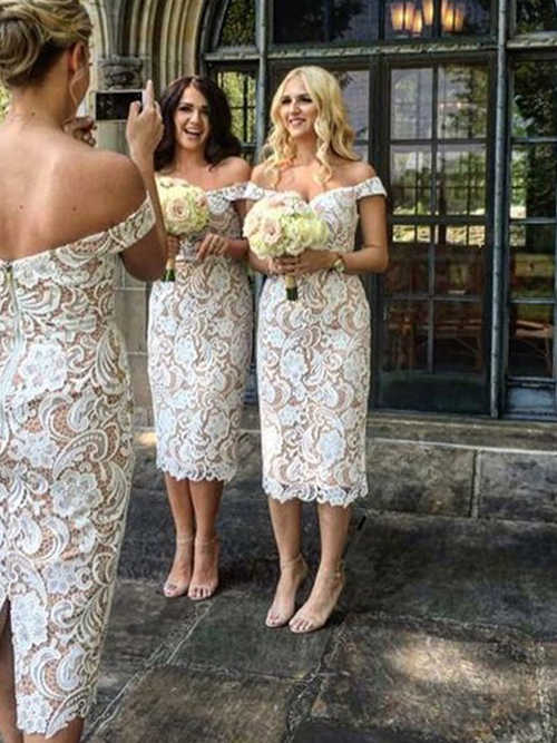 Sheath Off Shoulder Lace Tea Length Bridesmaid Dresses