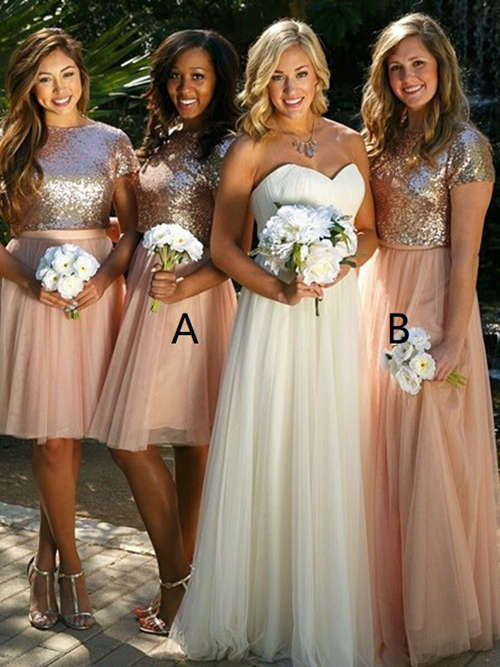 A-line Sequins Tulle Short Long Bridesmaid Dresses