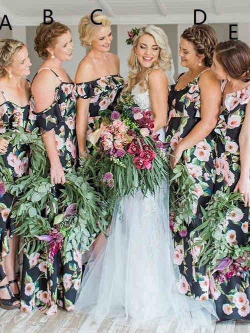5 Necklines Floral Satin Bridesmaid Dresses