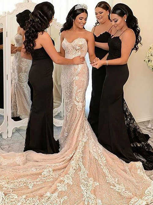 Mermaid Spaghetti Straps Satin Lace Black Bridesmaid Dresses