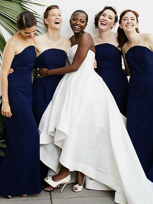 A-line Strapless Taffeta Navy Blue Bridesmaid Dresses
