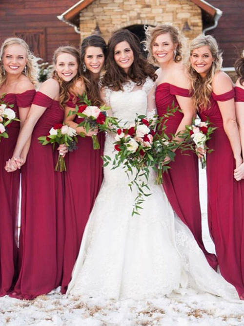 A-line Off Shoulder Chiffon Ruby Bridesmaid Dresses
