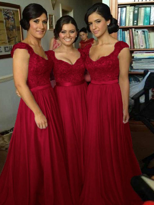 A-line Straps Lace Chiffon Ruby Bridesmaid Gowns