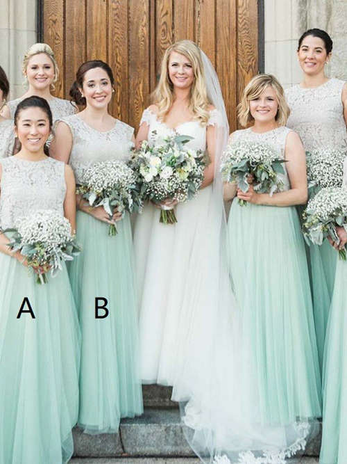 A-line Scoop Tulle Lace Mint Bridesmaid Dresses