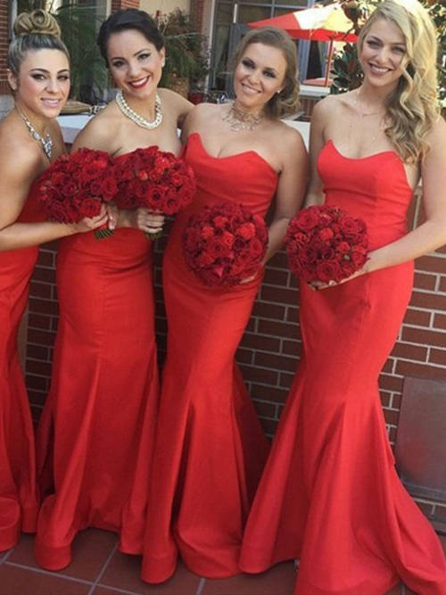 Mermaid Sweetheart Satin Red Bridesmaid Dresses