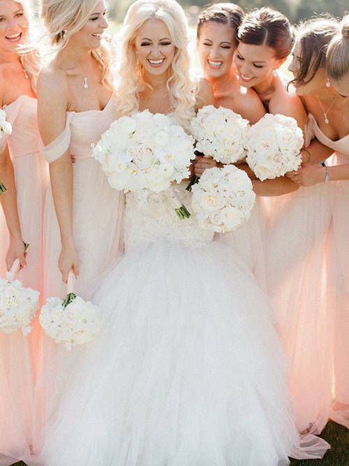 A-line Off Shoulder Chiffon Pink Bridesmaid Dresses