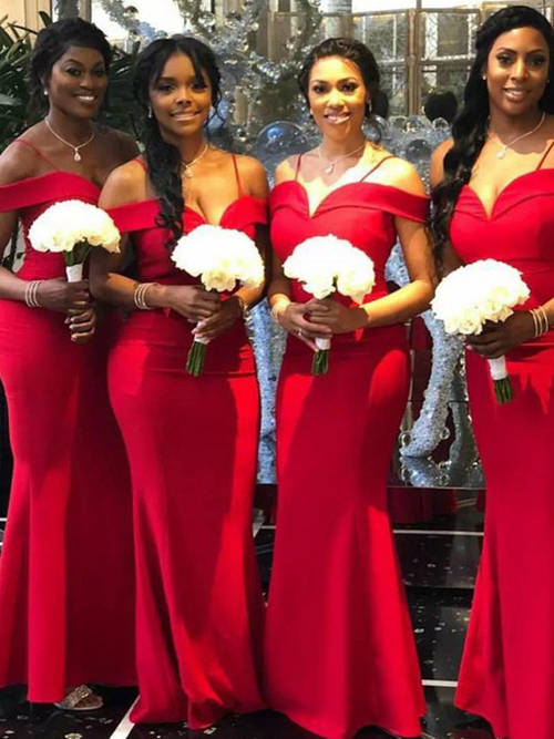 Mermaid Spaghetti Straps Satin Red Bridesmaid Dresses