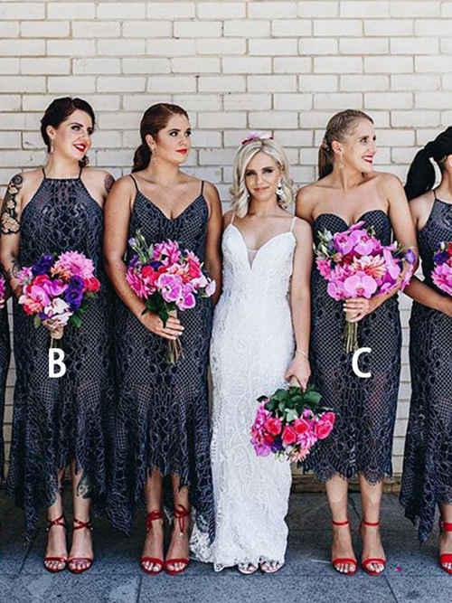3 Styles Lace Tea Length Bridesmaid Dresses