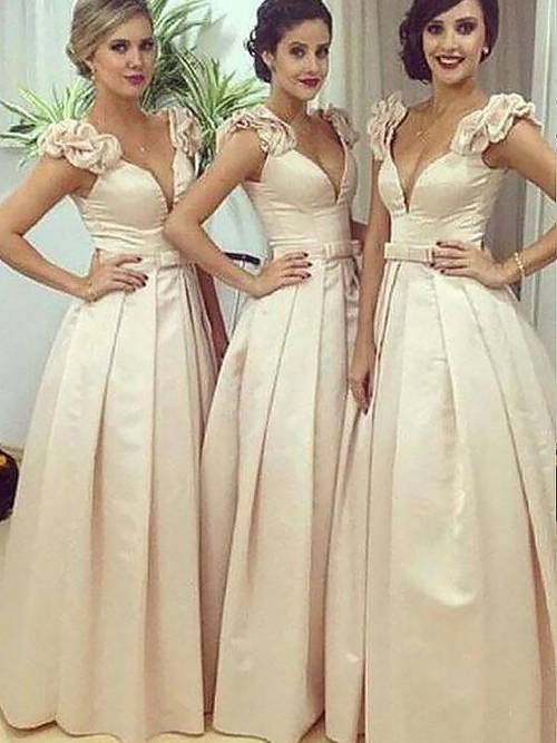 A-line V Neck Satin Bridesmaid Dresses Frills