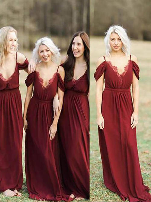 A-line Spaghetti Straps Satin Burgundy Bridesmaid Dresses
