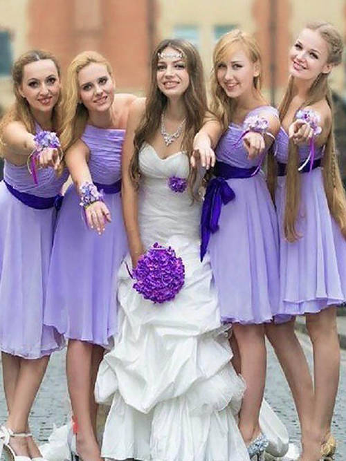 A-line One Shoulder Short Chiffon Purple Bridesmaid Dresses