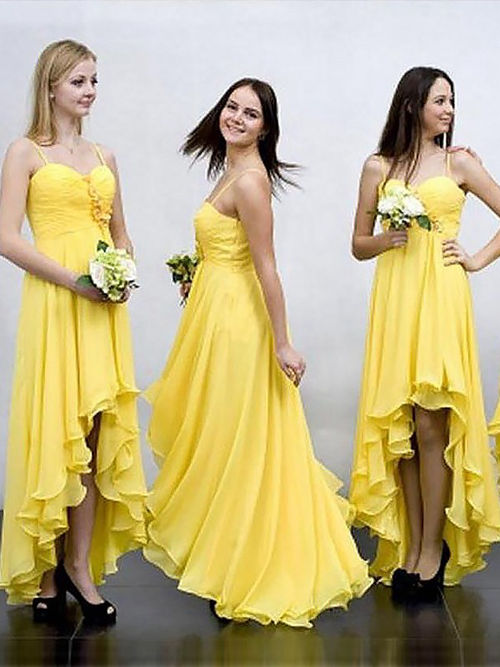 A-line Spaghetti Straps Hi Lo Chiffon Yellow Bridesmaid Dresses