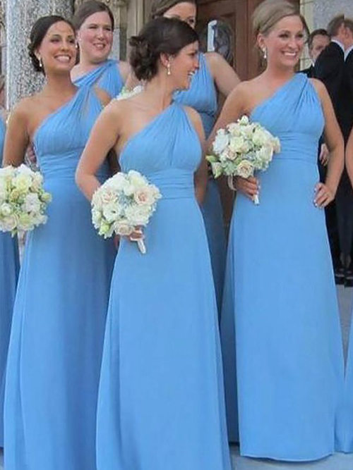 A-line One Shoulder Chiffon Blue Bridesmaid Dresses