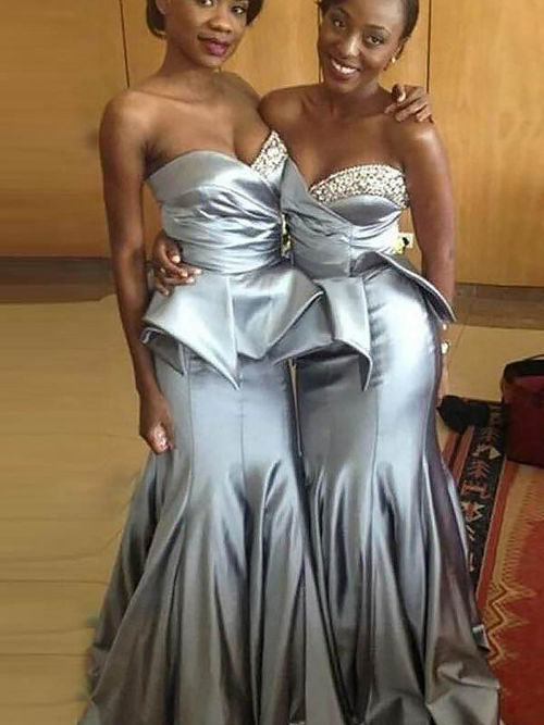 Mermaid Sweetheart Satin Silver Bridesmaid Dresses Sequins